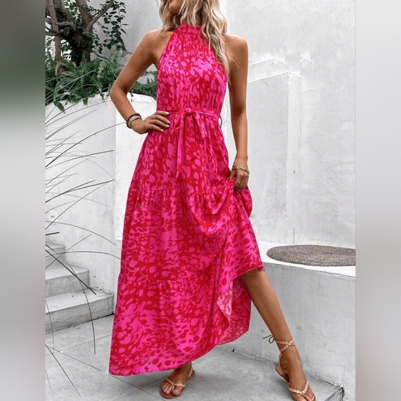 NEW Chic Dot Print Tiered Ruffle Halter Maxi Dress Red Hot Pink - Picture 5 of 8